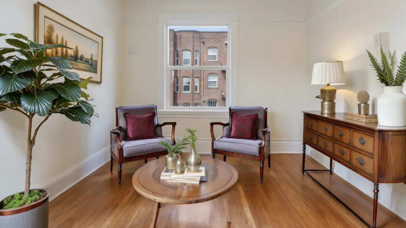 Sitting room staged with two upholstered armchairs, a round table and a sideboard