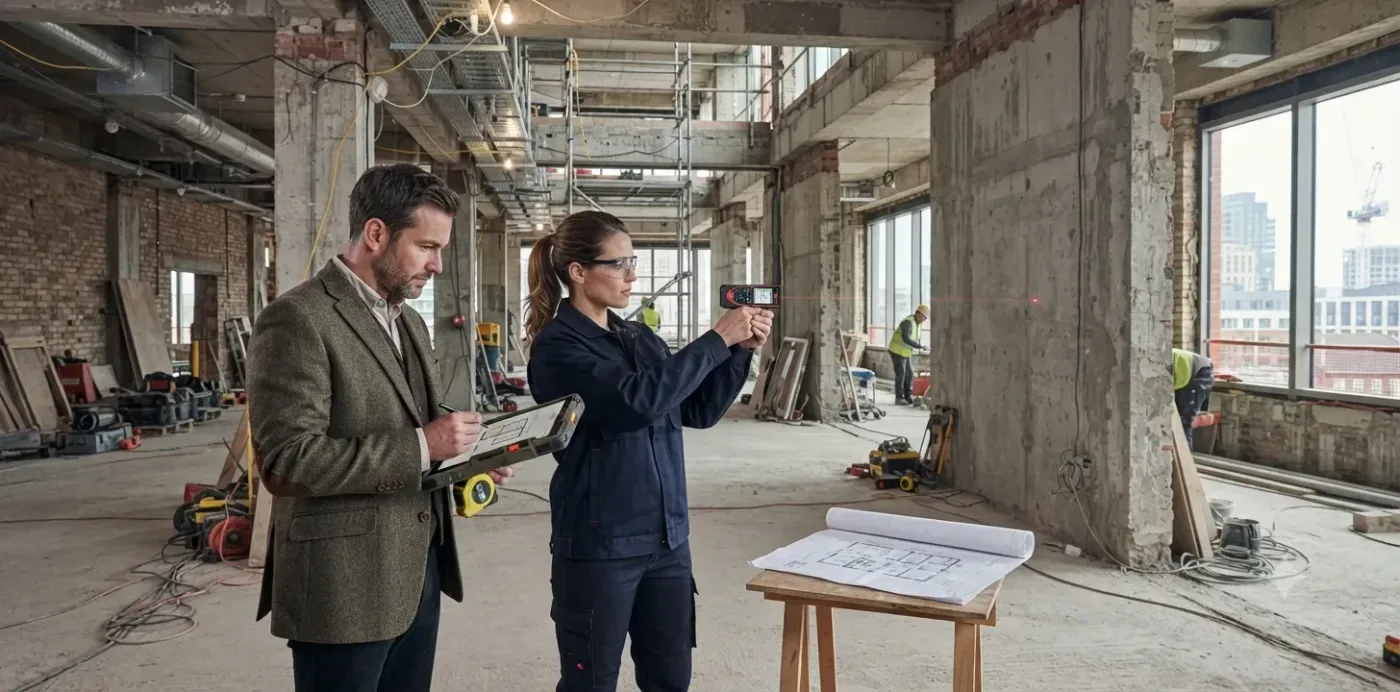 Two people measuring an unfinished interior with a laser measure, with drawings on a trestle table