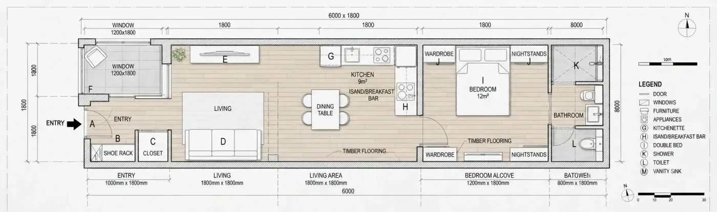 A long, narrow apartment plan with a legend, room labels and dimension lines