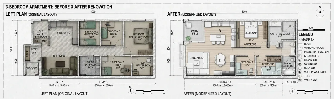 Before and after scope drawings for a renovation