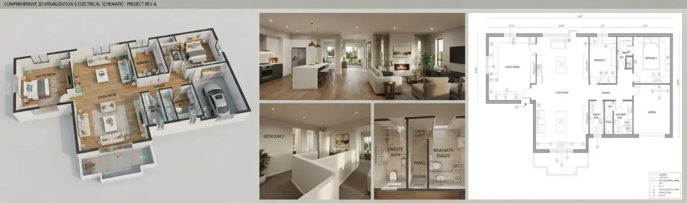 A 3D cutaway, interior renders and an electrical layout plan of a single-storey house