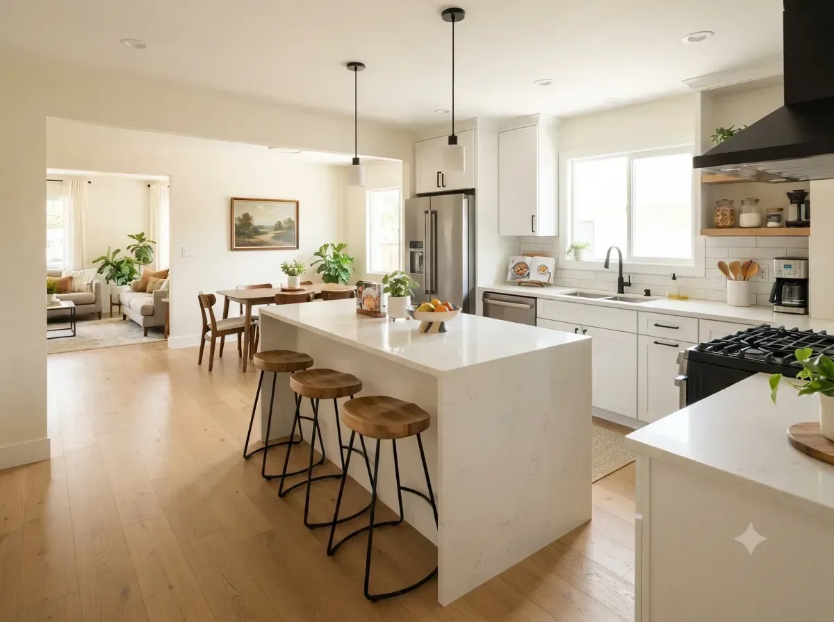 An open-plan kitchen with a white island and three bar stools, with dining and living areas beyond