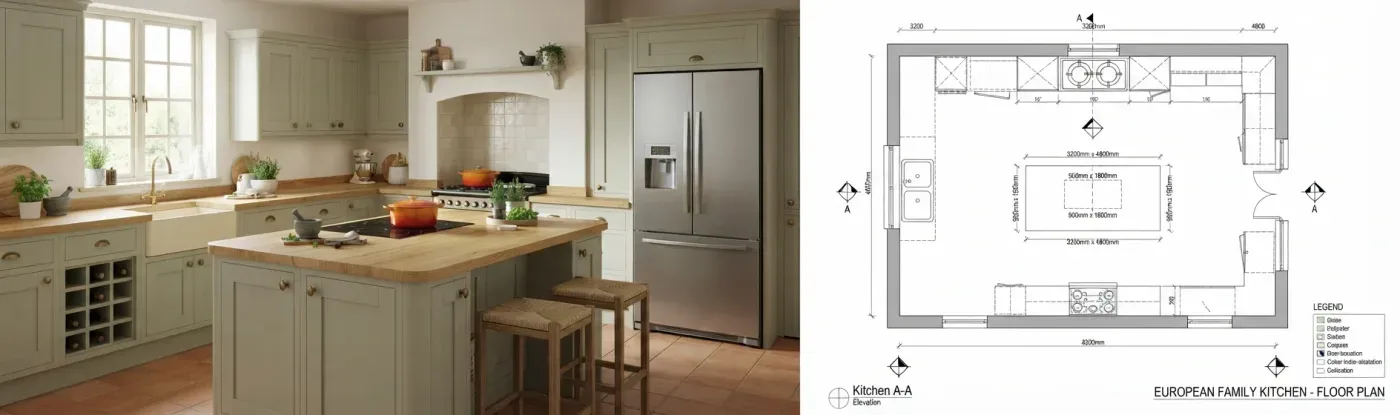 A kitchen photo beside a technical floor plan of the same kitchen with a central island