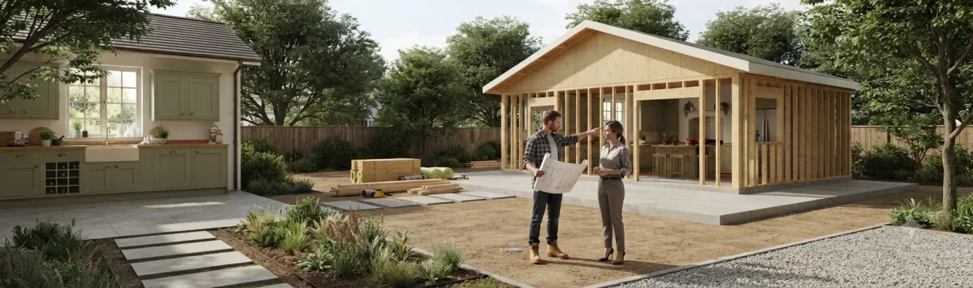 Two people with a drawing beside a timber-frame garden extension under construction