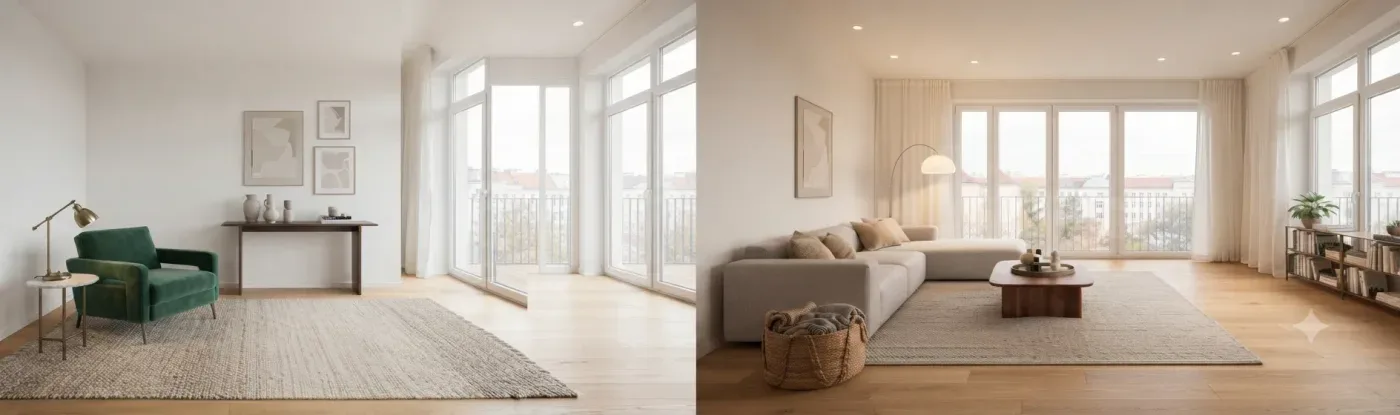 The same living room shown almost empty and then furnished with a sectional sofa and rug