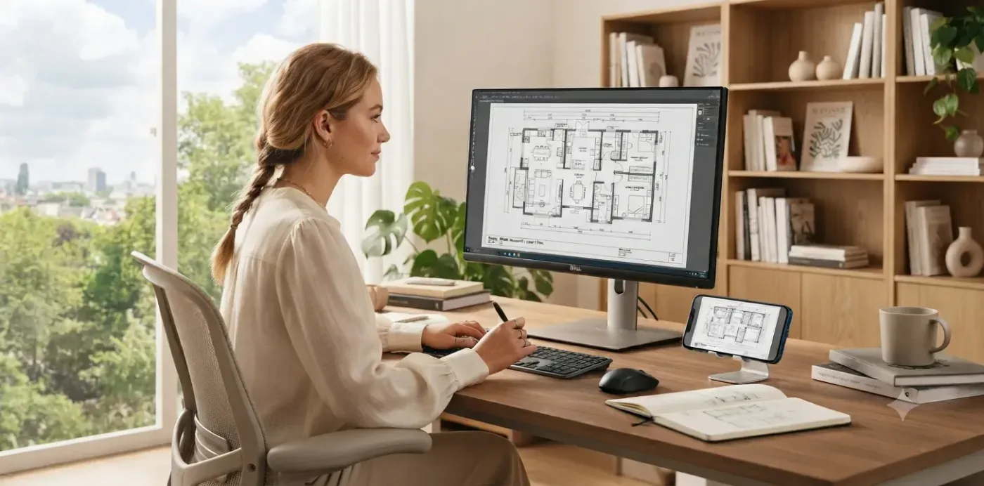An interior designer at her desk looking at a floor plan drawing on a large monitor