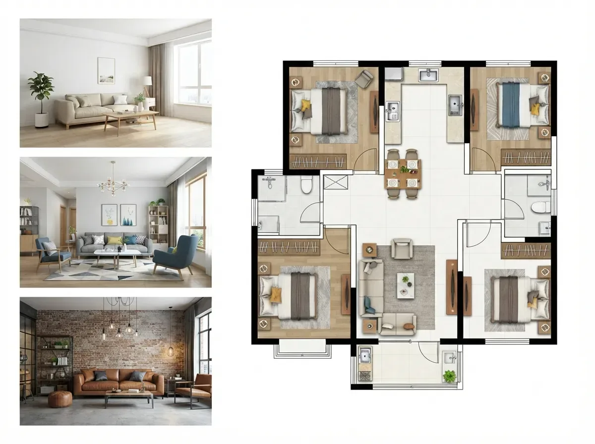 Three living room style options beside a colour floor plan of a three-bedroom apartment