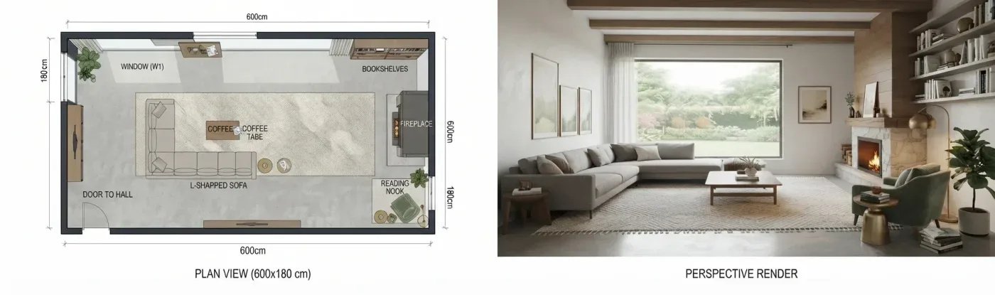 A living room plan with an L-shaped sofa and fireplace beside a perspective render of the same room