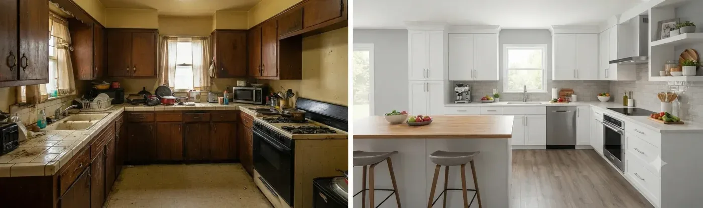 A dated kitchen before renovation beside the same kitchen renovated in white with an island