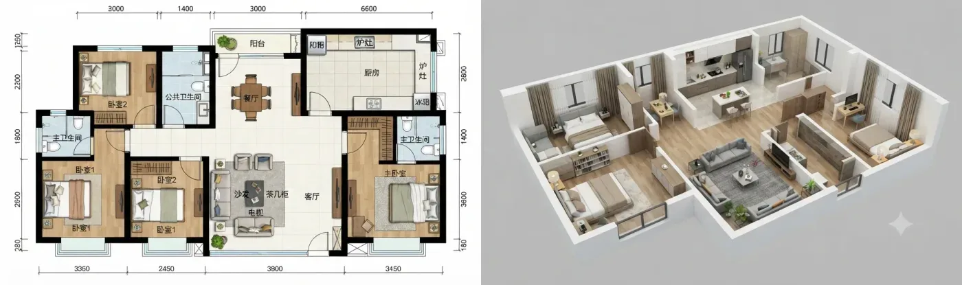 A colour floor plan with Chinese room labels beside a 3D cutaway view of the same apartment