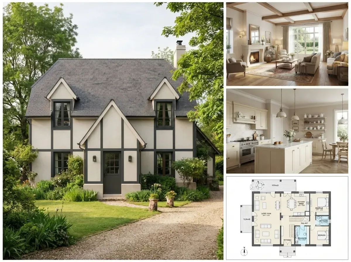 A property listing presentation showing photography alongside a floor plan