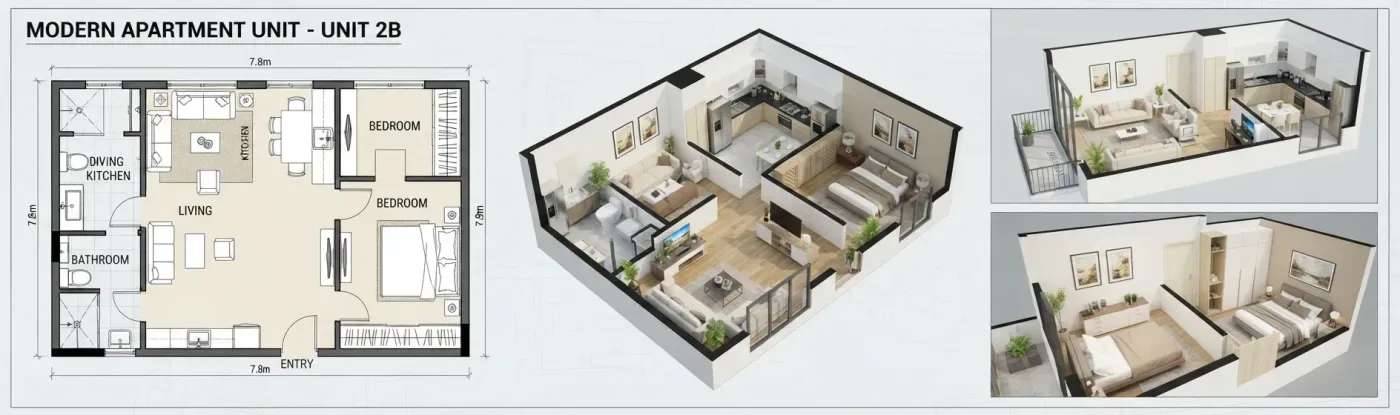 A labelled apartment floor plan beside 3D cutaway views of the same unit
