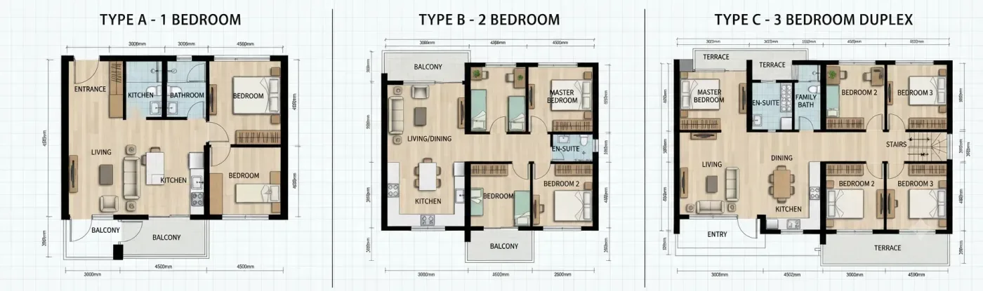 Apartment unit floor plans drawn in a consistent style