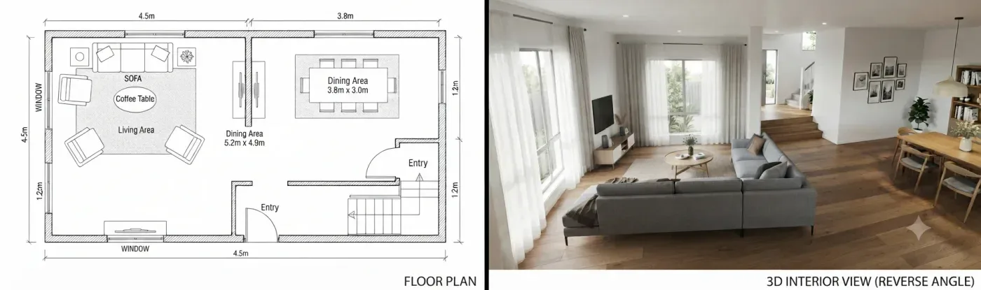 A floor plan with steps between levels beside a 3D-style interior view of the same space