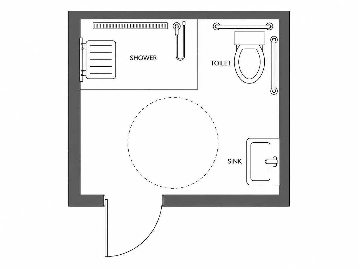 Accessible bathroom plan with a roll-in shower and fold-down seat, a toilet with grab bars, a wall-mounted sink and a dashed turning circle