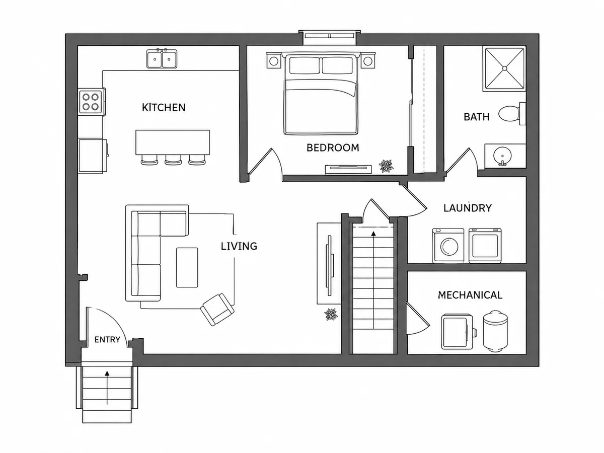 Basement apartment plan with a kitchen, living area, bedroom, bathroom, laundry, a closed-off mechanical room and its own entry stair