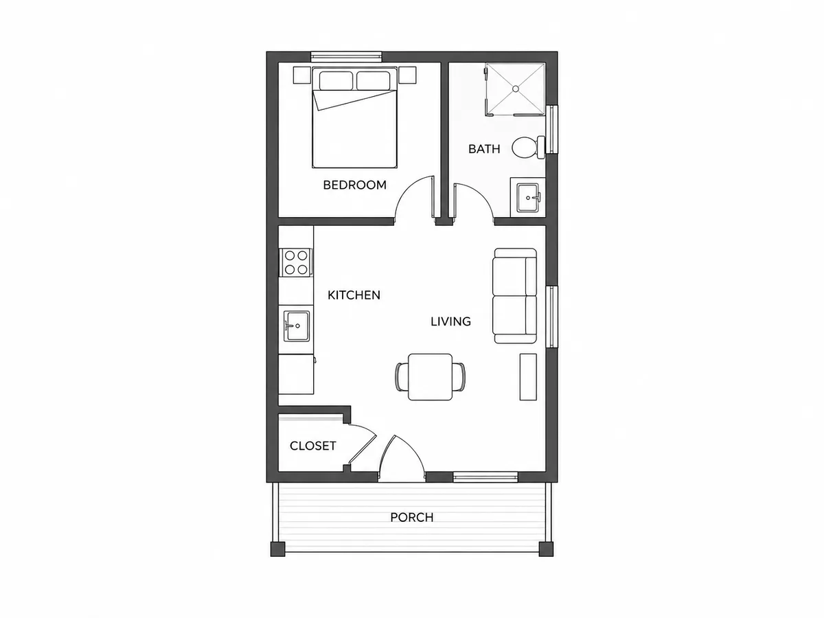 Tiny house on a foundation with one bedroom, a bathroom, an open kitchen and living area, an entry closet and a porch